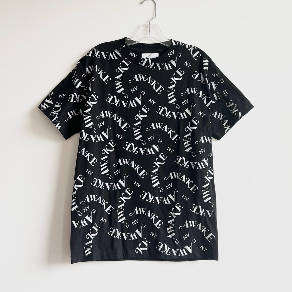 Awake NY black and white all over logo crew neck graphic tee